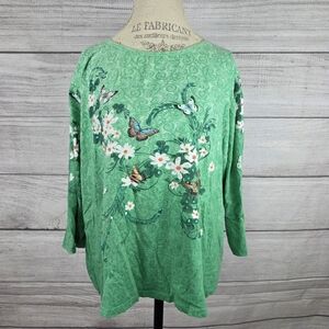 Collections Etc Green Floral Butterfly Sequin Embroidered Womens Long Sleeve Top